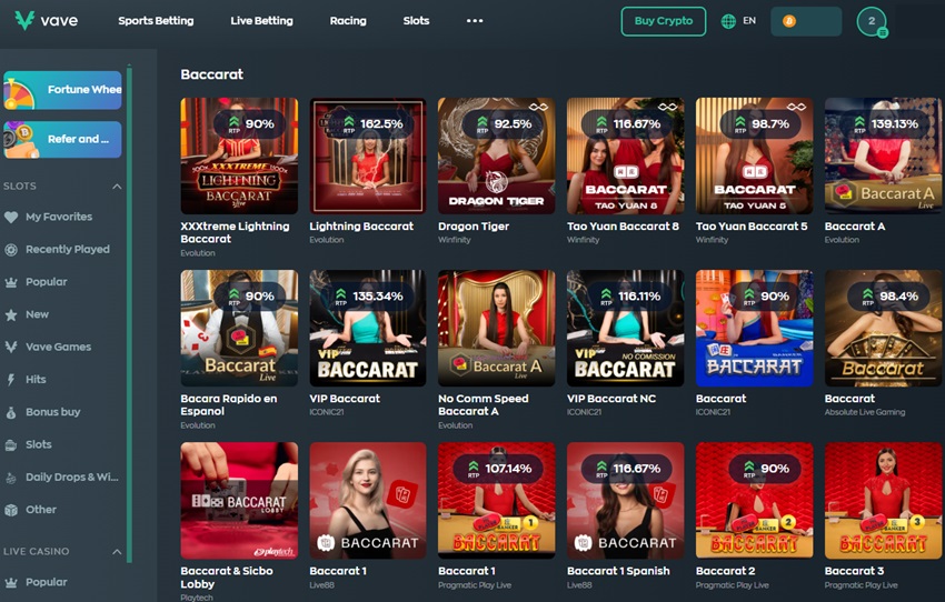 vave casino baccarat games live